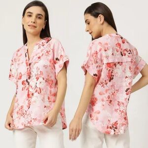 M&S 100% Flax Linen Pink Floral Split Neckline Lagenlook Flowy Summer Shirt Top